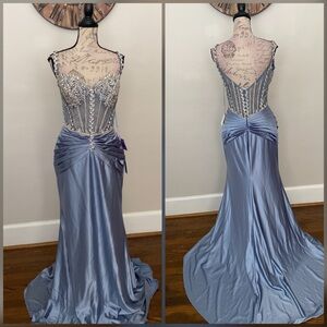 Dusty light blue crystal corset prom dress, formal dress or evening gown